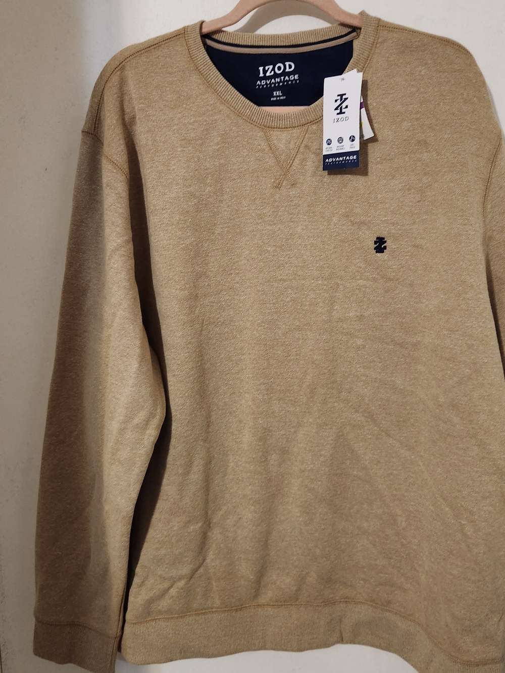 Izod Men's Crewneck Sweatshirt in Tan Heather with Navy Logo
